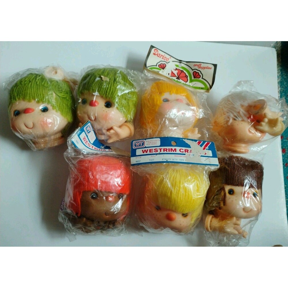 Vintage Lot of 7 Doll Heads and Hands Yarn Hair Westrim Crafts Mitzi NOS Craft
